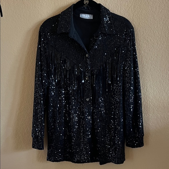 blue b. collection Tops - Black Sequin Button Down Black Western Fringe Shirt Size S